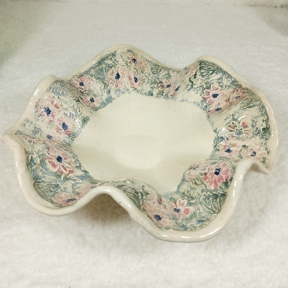 Hand Spun Pottery Bowl Raised Flower Design by D.K. Mc Bride Pottery